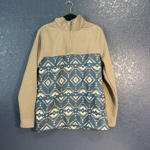 Southwestern Aztec Quarter Zip Pullover Medium Tan Blue Tribal Western NWT